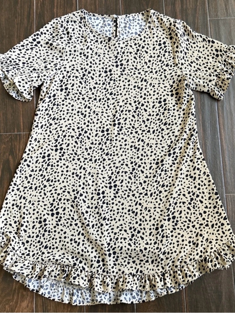 Cream and Black Dalmatian Print Ruffle Hem Knee Length Dress Size L